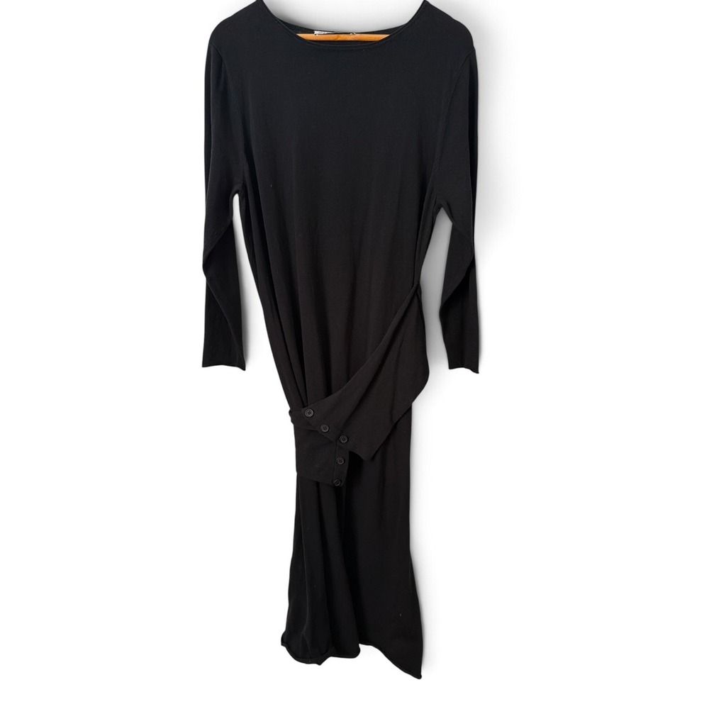 Zara Black Linen Blend Knit Button Wrap Waist Midi Dress Large